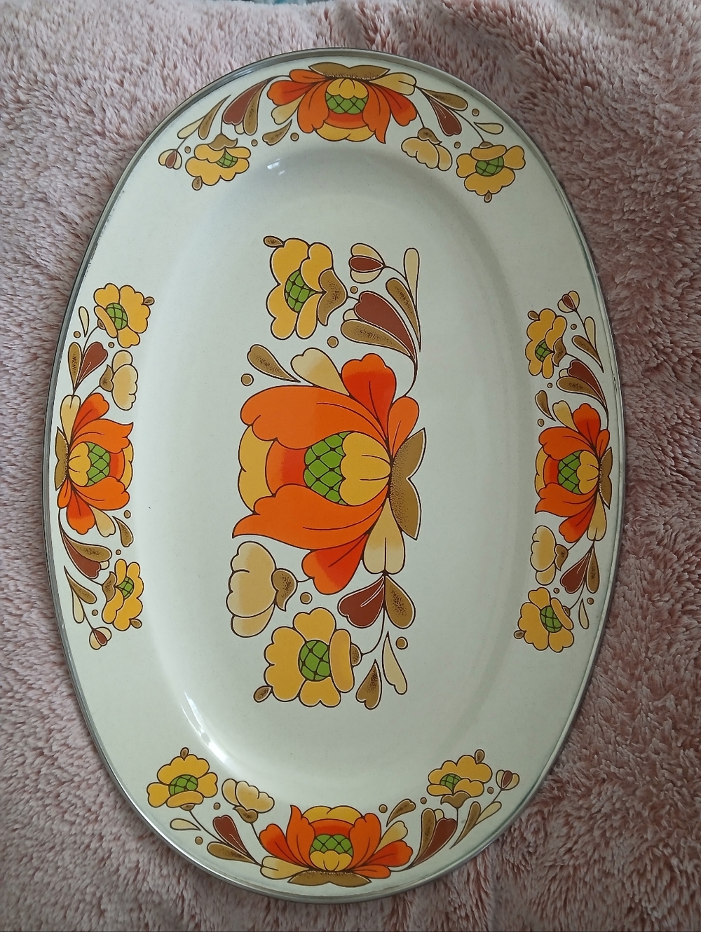 Vintage Floral Oval Serving Platter in Orange and Yellow